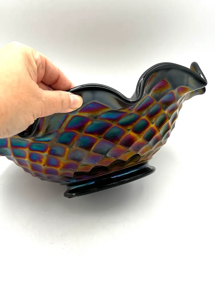 Fenton Signed Frank Fenton Black Carnival Glass Bowl 11" Landmark Collection With Original Box