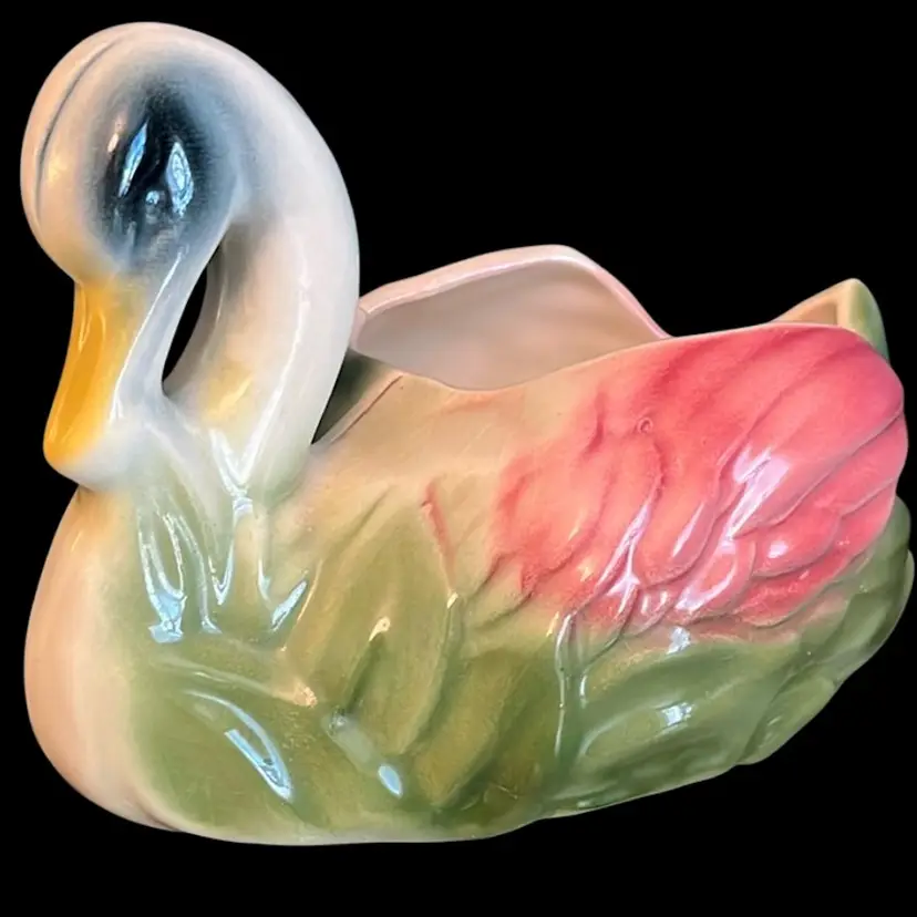 Vintage Colorful Pink & Green Swan Planter