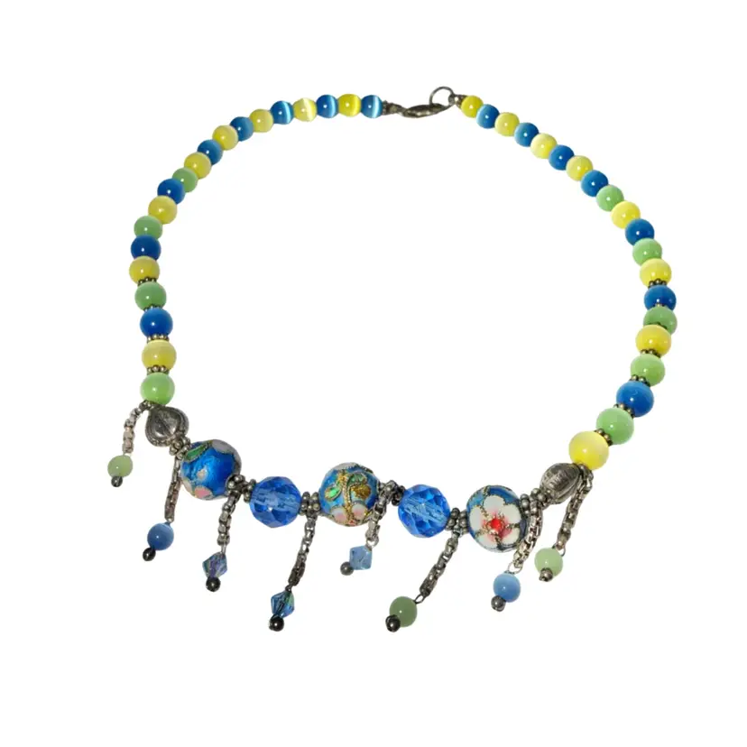 Sterling Silver Cloisonné & Cat’s Eye Bead 12” Necklace *SHORT* Maybe for Child