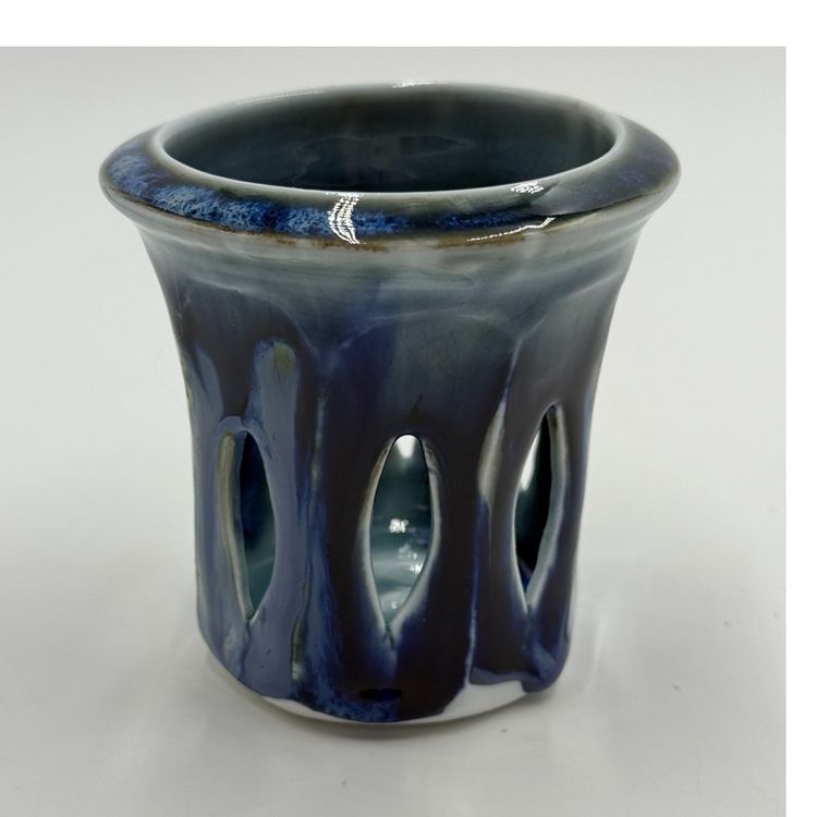 Phil Mayhew Pierced Art Pottery Signed Candle Votive Tea Light Candle Vintage Blue Drip