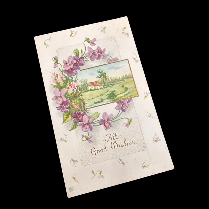 “All Good Wishes” Sweet Violets & Cottage Vignette Antique Postcard, Posted 1916