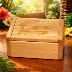 Handcrafted Birch Wood Trinket Box Laser Etched w/ Fish Design, 4.5" x 3.5"