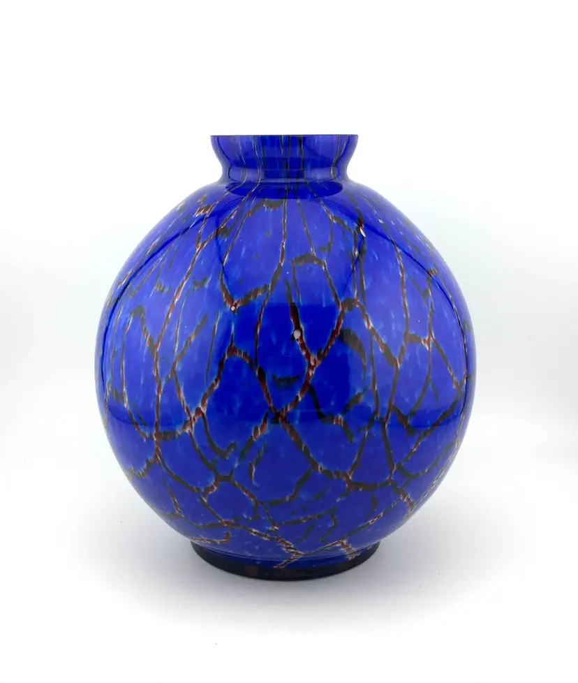 Blue & Red Crackle Pattern Czech Cased Glass Vase 6”x 6.75” *READ*