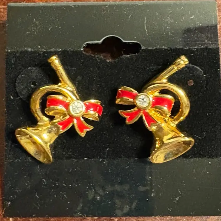 Avon Gold Toned And Red Enameled Christmas French Horn Studded Earrings