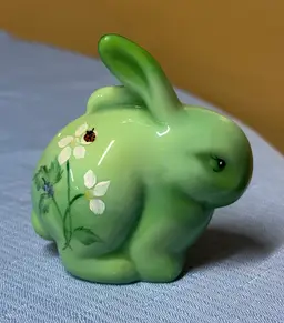 FENTON ART GLASS BUNNY RABBIT CHAMELEON GREEN HAND PAINTED SIGNED 3.5”