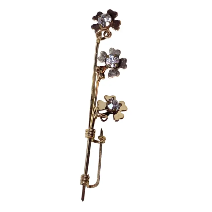 Vintage Gold Tone Dangle Flower Rhinestones Pin Brooch 1.5”