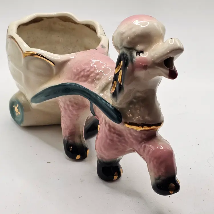 Pink Poodle Dog Planter pulling cart vintage