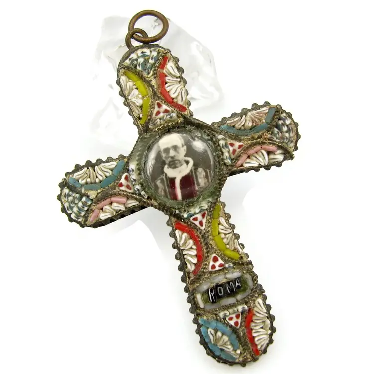 Vintage Pope Pius XII Rome Italian Floral Micro Mosaic Cross Pendant Italian