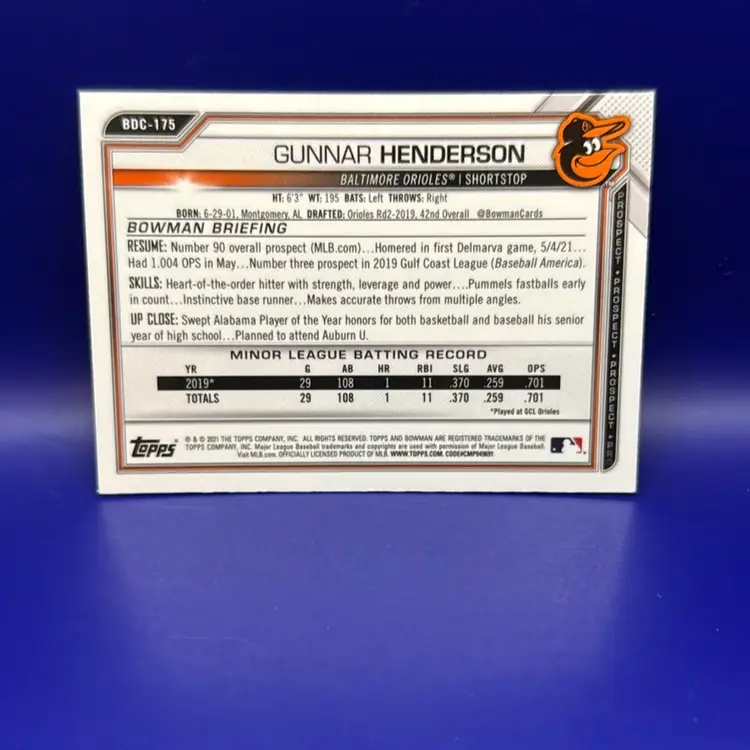 Gunnar Henderson 2021 Bowman Draft Chrome Sapphire Baltimore Orioles