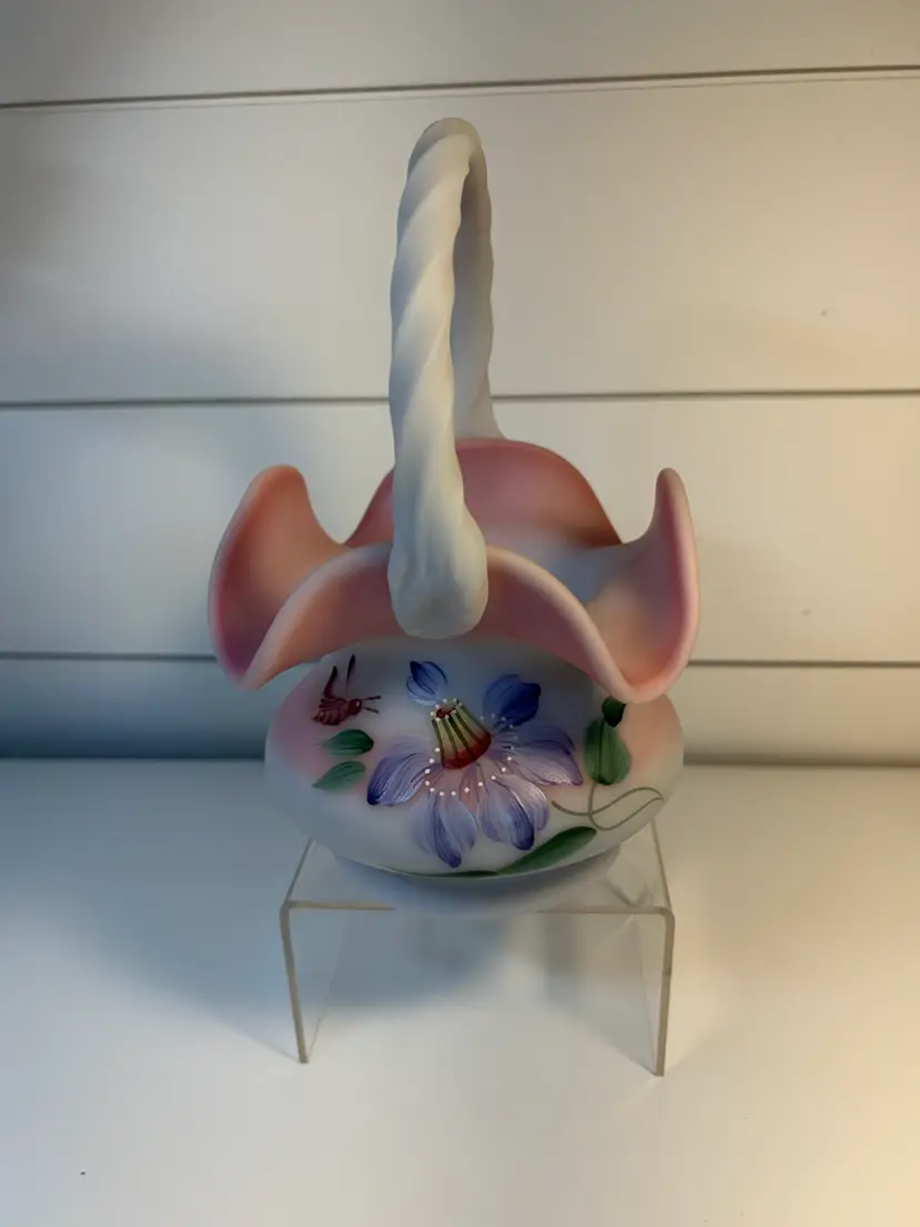 Vintage Fenton Limited Edition(#1005/2500), Honor Collection Pink Satin Glass Basket with Twisted Handle