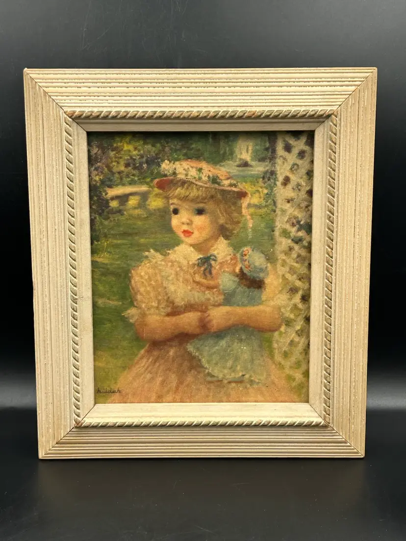 Vintage Framed Print 50S French Artist Huldah Girl, And Doll In Garden