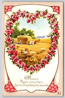 Postcard Embossed Roses Everywhere Poem, Romance Card, Rose Heart Framing Farmers in Hay Field, Valentines Day - 15801