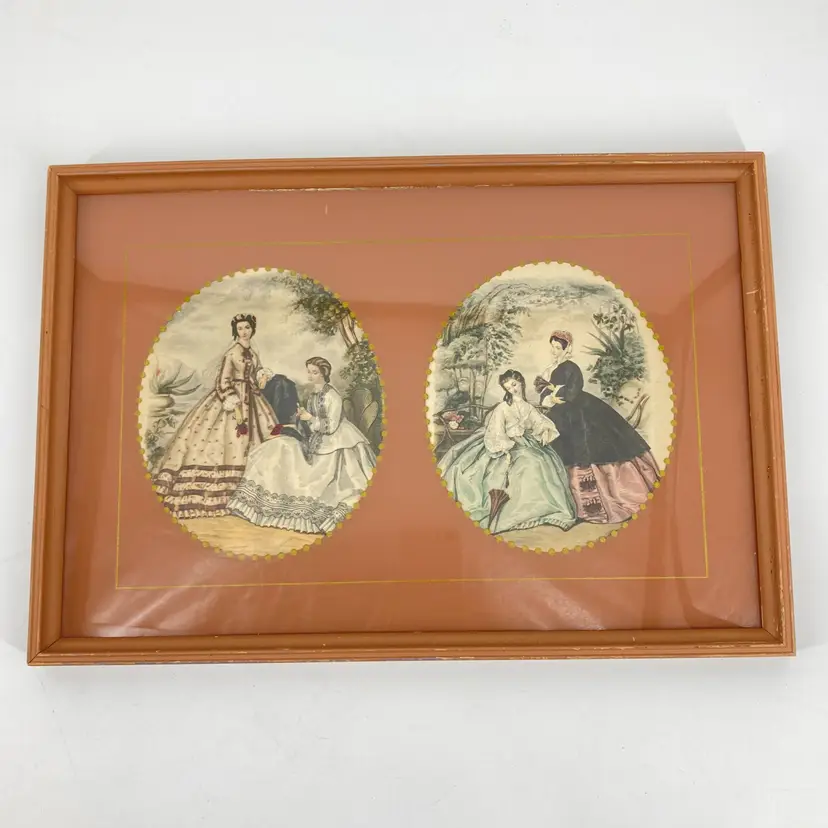 2 Vintage La Mode Illustree French Victorian Fashion Art Prints Reverse Paint Framed