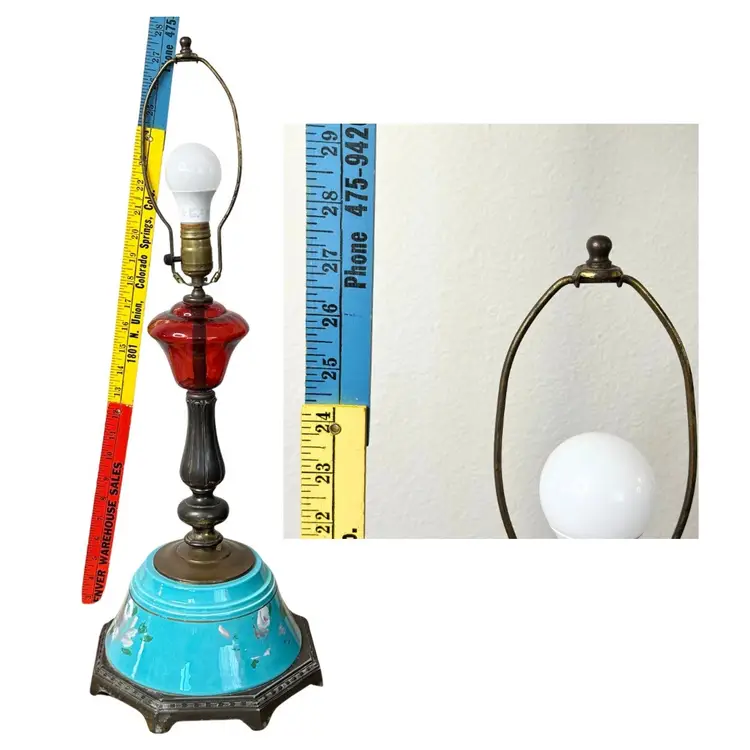 1880s Antique Opaline Blue & Red Glass Electric Lamp Converted From Oil Works