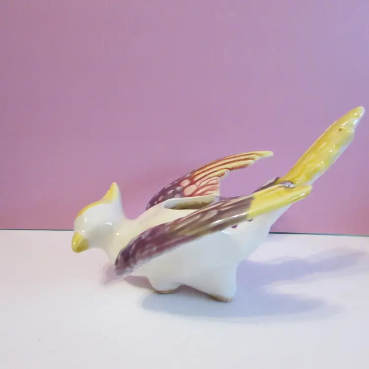 vintage purple and yellow bird or mythical griffin ceramic planter or holder