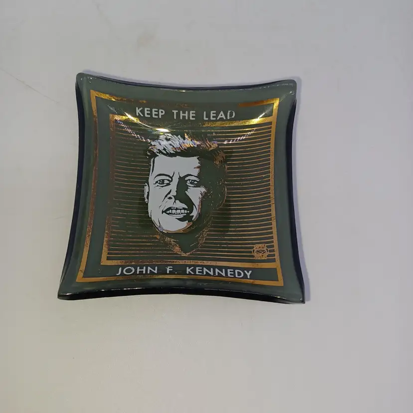 Vintage 1960 Election JFK Trinket Dish Ashtray Glass & Gold 2.5in