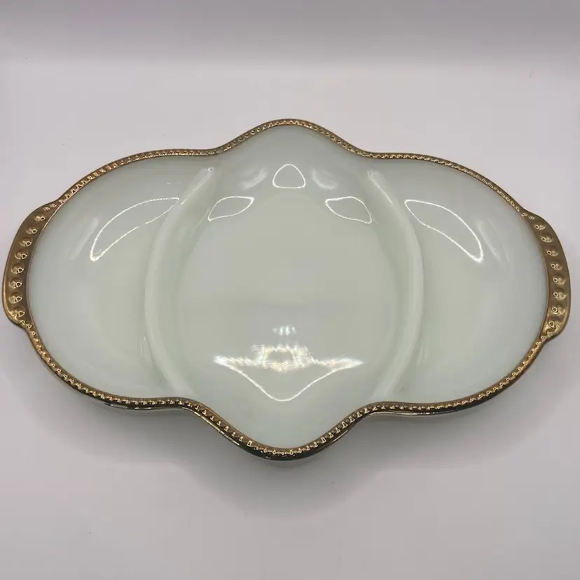 Vintage Anchor Hocking Fire King Milk Glass Divided Relish/Appetizer Dish, 11βx 7 1/2β With Beaded Gold Gilt Trim