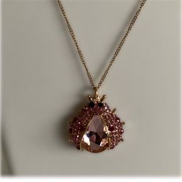 Pink Glass Crystal Ladybug Pendant On Gold Chain Necklace