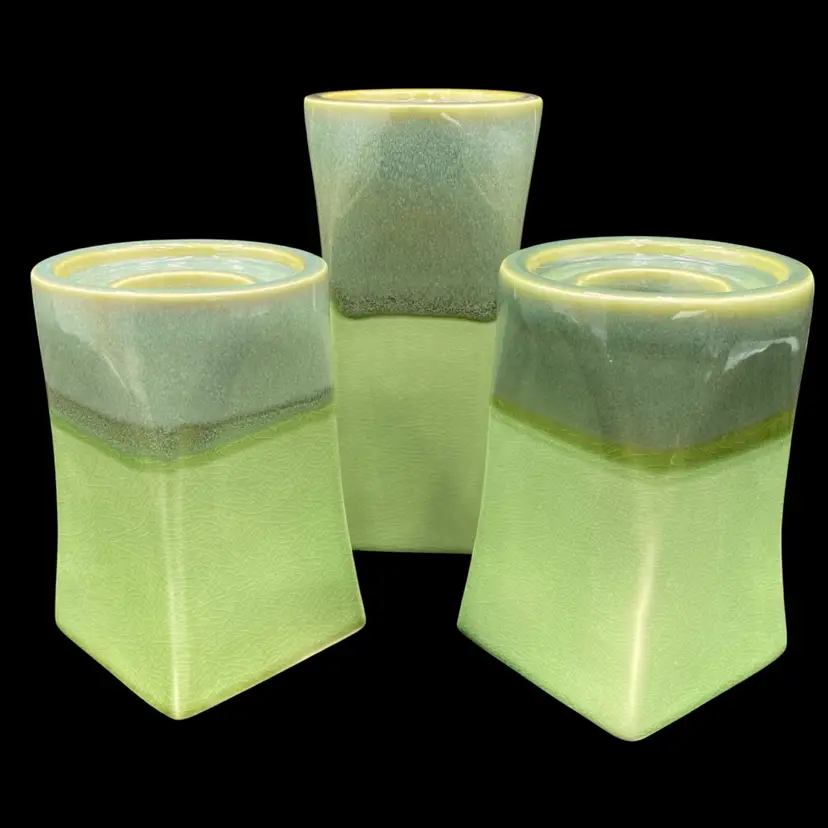 Set of 3 PartyLite Nature's Garden Pillar/Votive Candle Holders, Two-tone Green