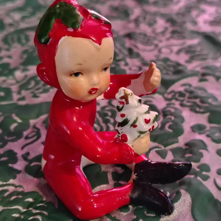 Vintage Christmas Pixie Candle Hugger | Kitschy Mid Century Pixie Elf with Holly and a Mini Christmas Tree | Naked Bottom Candle Climber | 1960s H.F. Co. Banner Brand Made in Japan