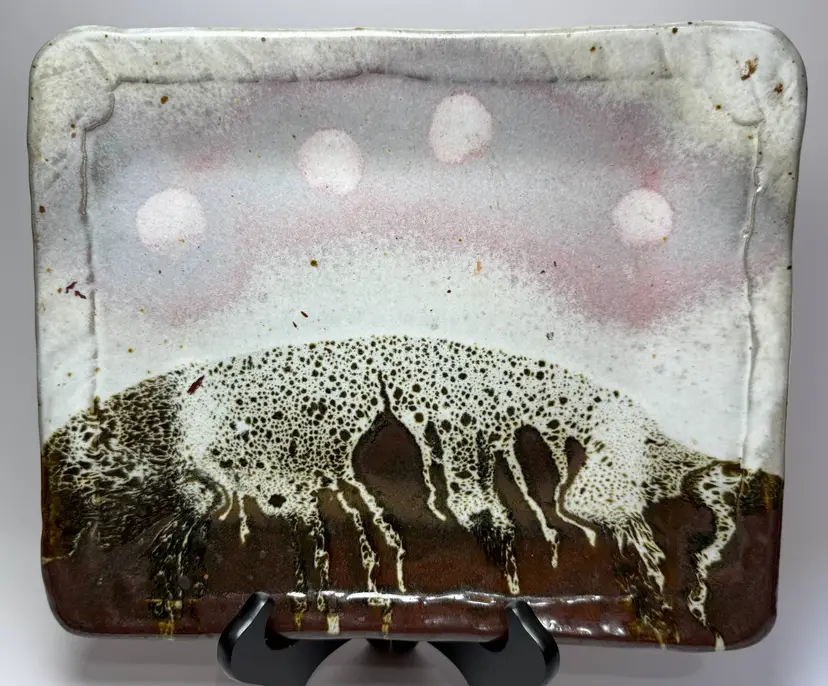 Large Artist Signed Art Pottery Hand Made Drip Glaze Platter Tray Lava 4 Moons