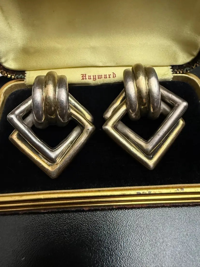 925 Sterling Silver  Vintage Two Tone Modernist Design Drop Earrings