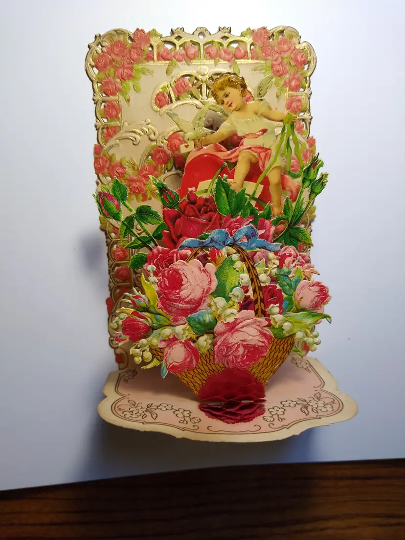 Vintage Pop-Up Valentine's Day Greeting Card Victorian Cherub Roses Die-Cut 1930