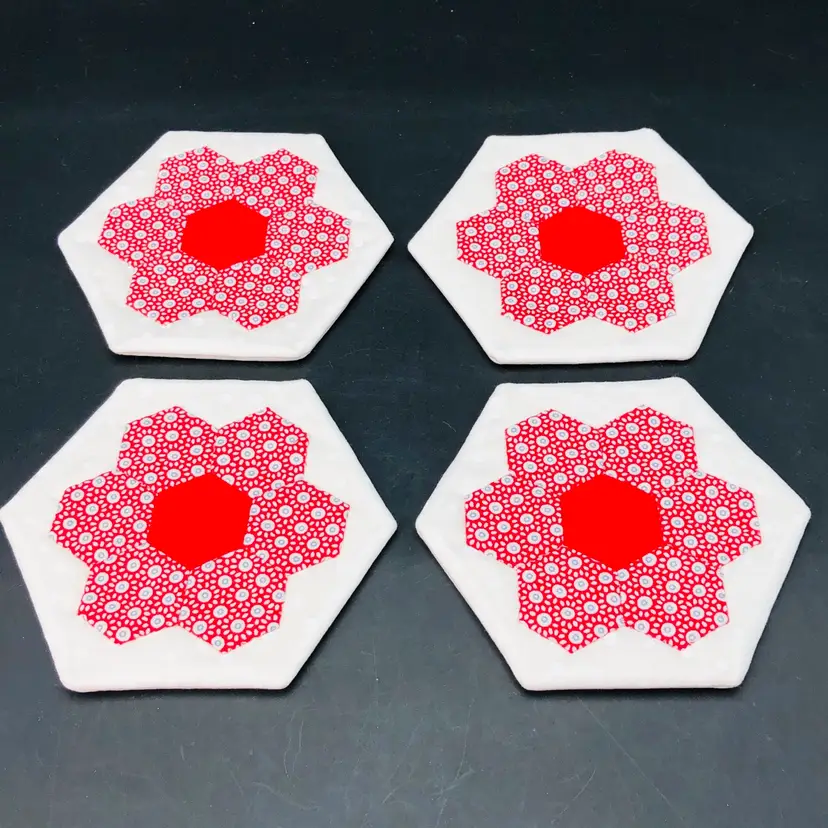 Set Of 4 Handmade Hand Pieced Red and White Hexagon Coasters 5.25 X 4.5 Inch.