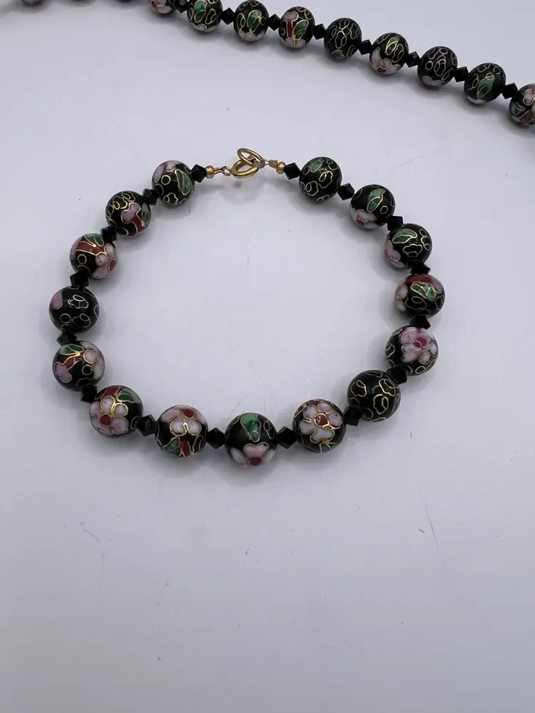 Vintage Cloisonne Necklace Bracelet 10K China Black Floral Beaded 