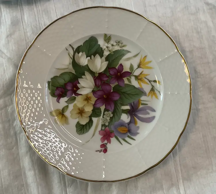 #01 St. Martin Email de Limoges 7” plates, 6 plates and three patterns. All marked the same.