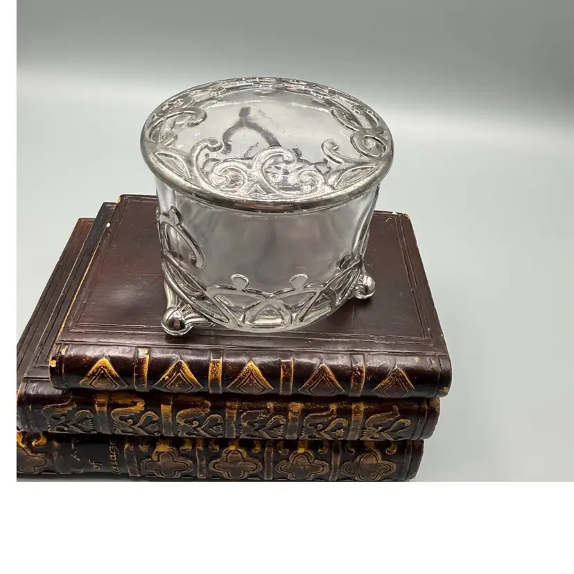 Antique Art Nouveau Silver Overlay Glass Dresser Jar – Footed Filigree Lidded Box 2.5” x 3”