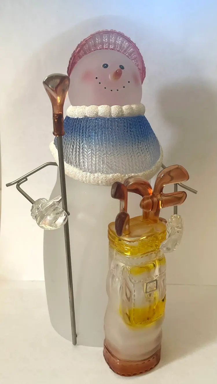 Golfing Snow Man. Christmas. Winter. Metal Arms Acrylic Frosted