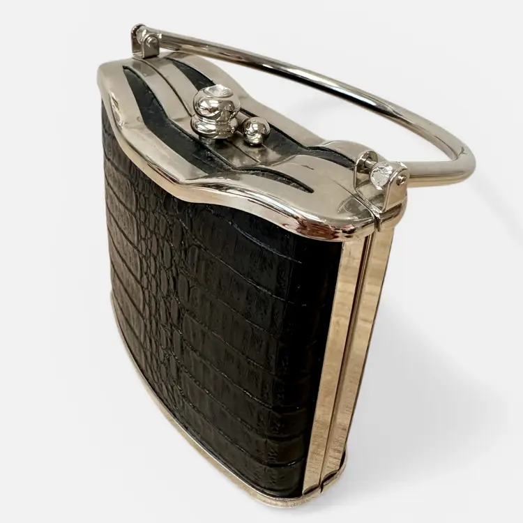 Black Bijoux Terner Hardshell Purse Mini Bag Clutch W/Silver Hardware Faux Croc