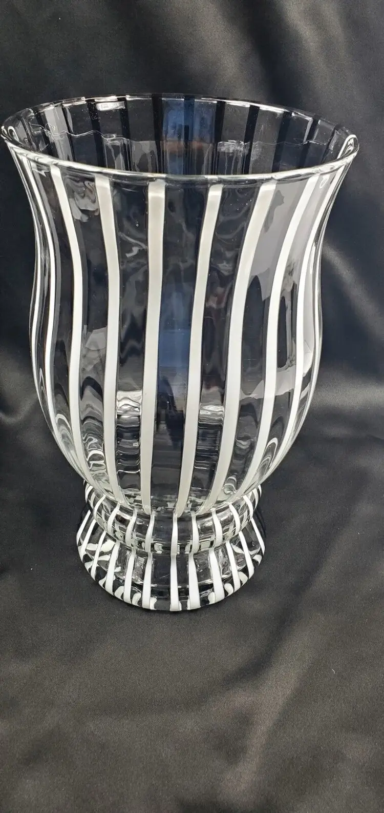 Vintage Murano Art Glass Vase Black White Vertical Stripe Transparent 12" Tall
