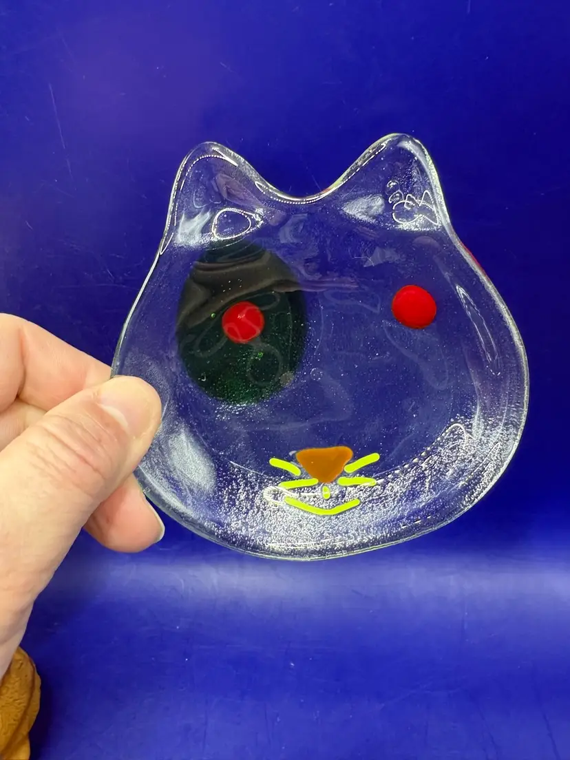 Art Glass Cat Trinket Tray Signed