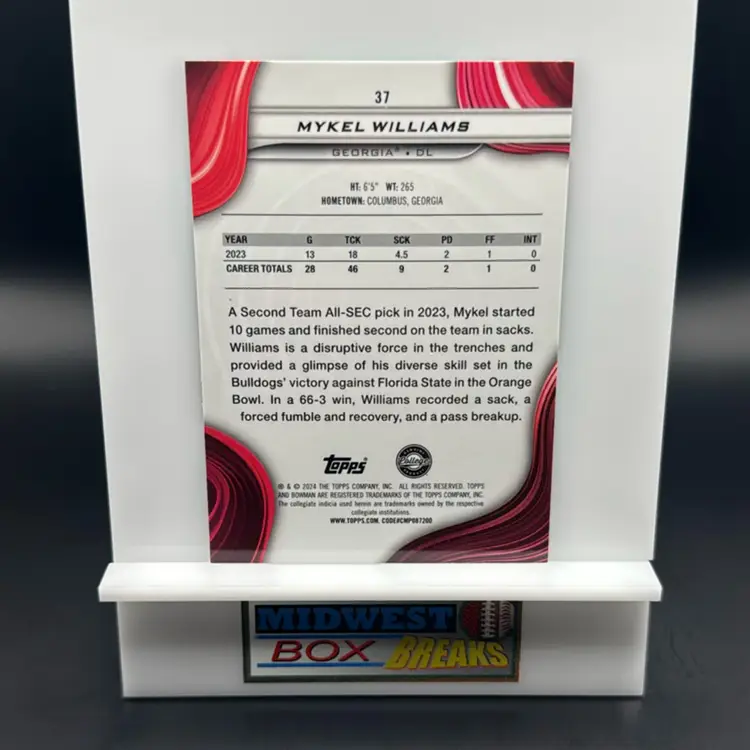 Mykel Williams 059/225 Aqua 2024 Bowman’s Best U Georgia Bulldogs MBBCRD
