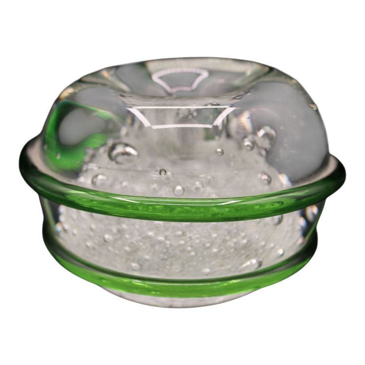 Jumbo Paperweight Green Applied Rope Clear Bubbles Center Divot 3 1/2” Tall 3#10oz