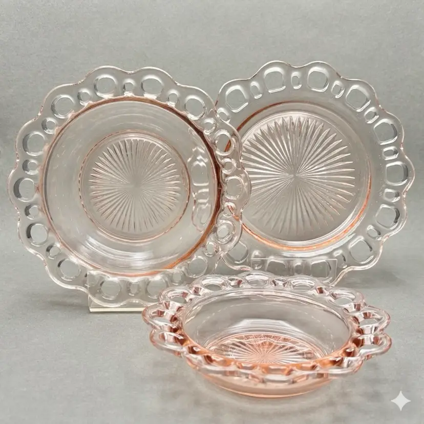 Vintage Pink Anchor Hocking “Old Colony” Lace Edge 3 Piece Serving Set