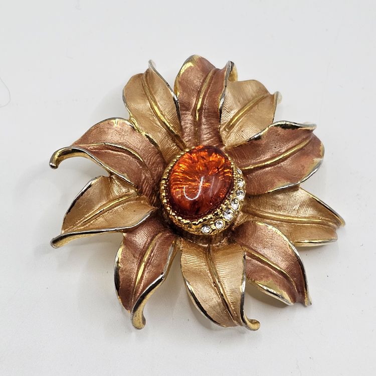 Gold Tone Brooch pendant with amber stone in center. floral design Estate find