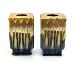 Pair Of MCM Drip Glaze Pottery Candle Holders with Metallic Glaze 3.75”