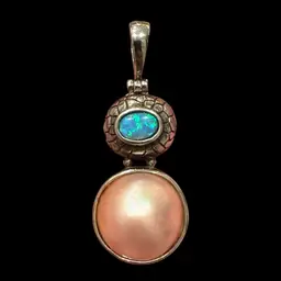 Vintage Sterling Silver NF 925 Signed Opal & Genuine Pearl Pendant 1.75”, 5.8g Moveable Bale