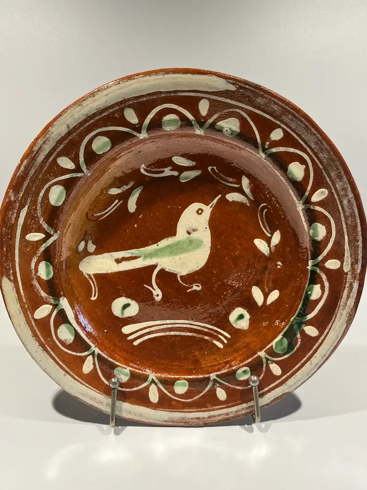 Mexican Redware Tlaquepaque Pottery Plate – 7.75” Hand-Painted Bird Design