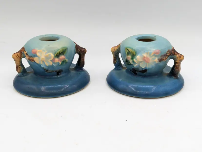 Roseville Apple Blossom Blue 1949 Vintage Art Pottery Ceramic Candle Holder 351