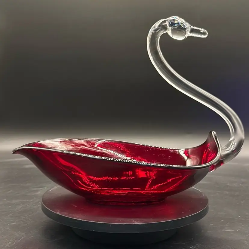 Vintage Swan Ruby Red Glass Bowl Hand Blown Made In Italy