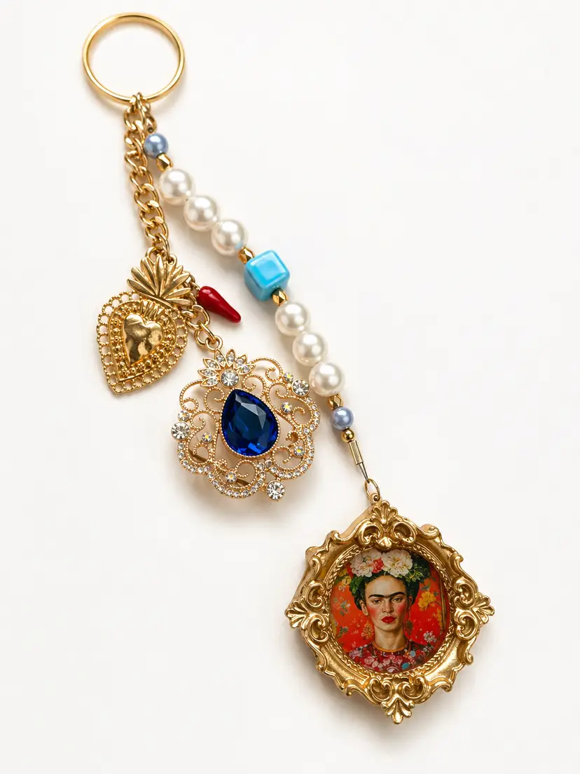Niknax Rare Collectible Art Bag Charm Keychain | Unique FRIDA KAHLO LATINA LATINX Keyring | OOAK Treasure Find