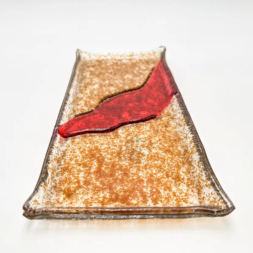 Fused Glass Rectangular Tray Red Accent Artisan Unsigned 11.5"L 5.5"W B25
