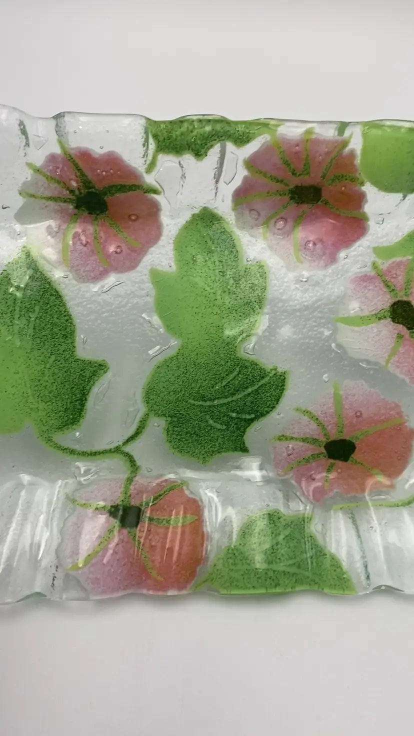 Sydenstricker Fused Art Glass Pink Morning Glory Rectangular Crimped Tray Dish