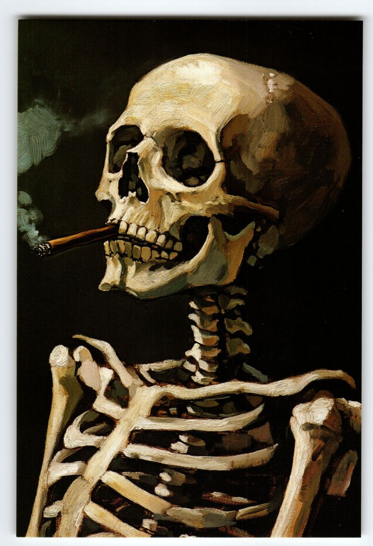 Photochrome Skeleton Smoking Cigarette Vintage Postcard 5.5x4" Gothic