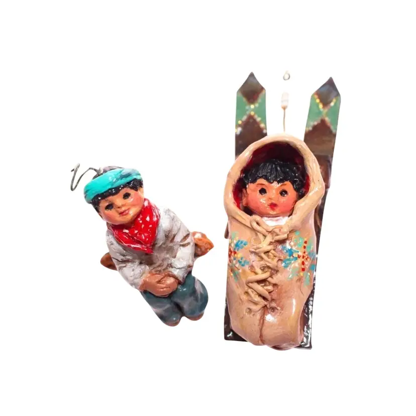 Handmade Set of 2 Native American Baby in Cradleboard & Boy on Log Clay Christmas Ornaments