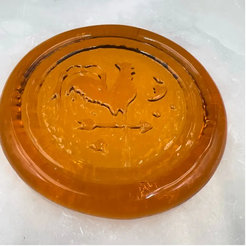 Blenko Amber Glass Suncatcher With Rooster, Weathervane, Stars And Moon Paperweight